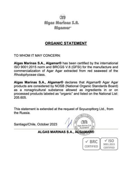 Organic Statement — Algamar (агар-агар оболочки)